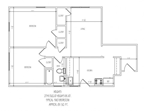 Floor plan for 2 beds, 1 bath, 900 sqft
